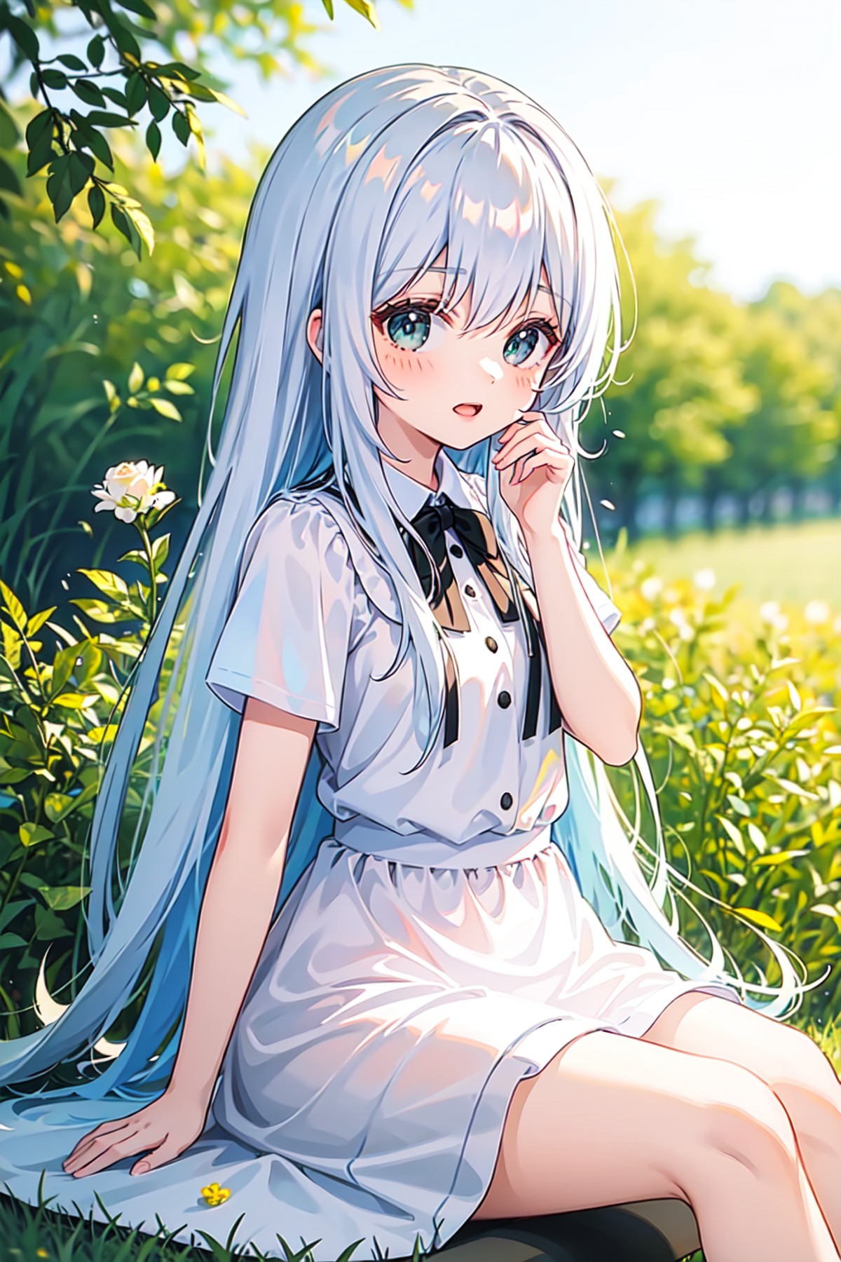 (masterpiece, best quality),1girl with long white hair sitting in a field of green plants and flowers, her hand under her ...